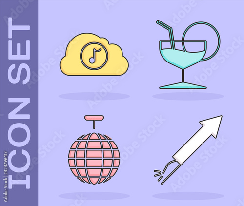 Set Firework rocket , Music streaming service , Disco ball and Martini glass icon. Vector