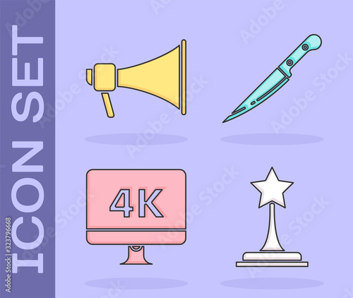 Set Movie trophy , Megaphone , Computer PC monitor with 4k video technology and Knife icon. Vector