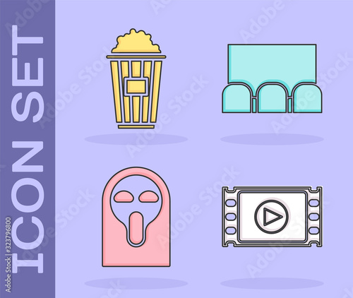 Set Play Video , Popcorn in cardboard box , Funny and scary ghost mask and Cinema auditorium with screen and seats icon. Vector
