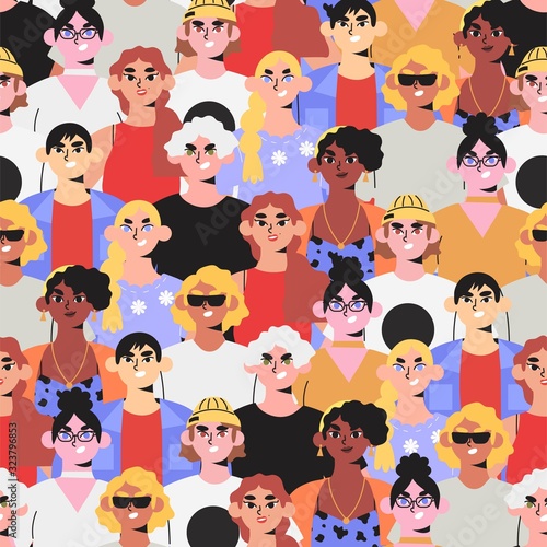 Seamless pattern with different diverse multiethnic multicultural group of people activist and volunteers. Vector illustration of students, colleagues, teammates standing and protesting together.
