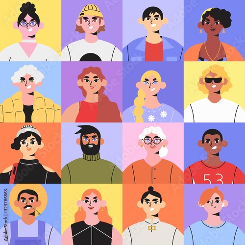 Seamless pattern with colorful pop art style portraits of different diverse group of people. Characters of different age, language, skin color, nationality, working class, lifestyle and generation.