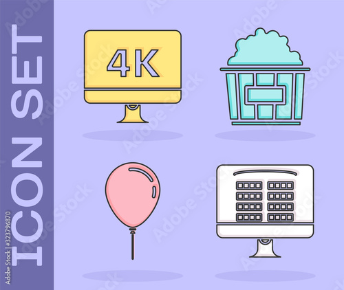 Set Buy cinema ticket online , Computer PC monitor with 4k video technology , Balloon with ribbon and Popcorn in cardboard box icon. Vector