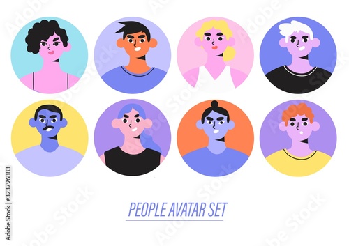Vector set or collection of different diverse people avatars in colorful circles. Social media or web portraits of students, teammates, friends, colleagues of different age, lifestyle, nationality.