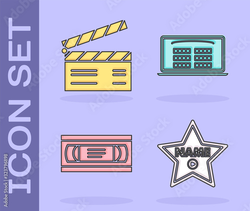 Set Hollywood walk of fame star on celebrity boulevard , Movie clapper , VHS video cassette tape and Buy cinema ticket online icon. Vector