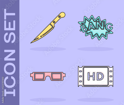Set 4k movie, tape, frame , Knife , 3D cinema glasses and Bang boom text speech bubble balloon icon. Vector