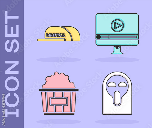 Set Funny and scary ghost mask, Cap with inscription director , Popcorn in cardboard box and Online play video icon. Vector