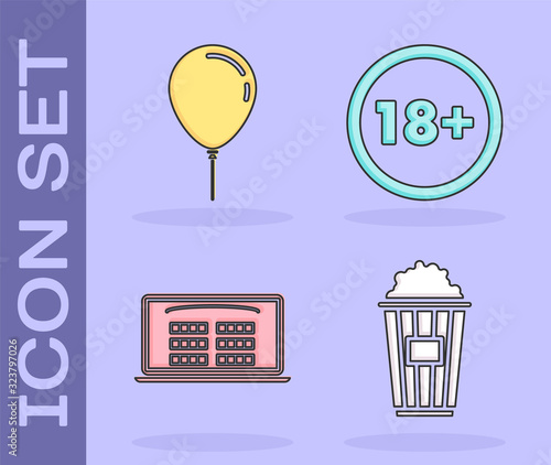 Set Popcorn in cardboard box , Balloon with ribbon , Buy cinema ticket online and Under 18 years icon. Vector