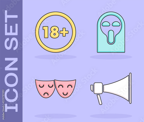Set Megaphone , Under 18 years, Comedy and tragedy theatrical masks and Funny and scary ghost mask icon. Vector