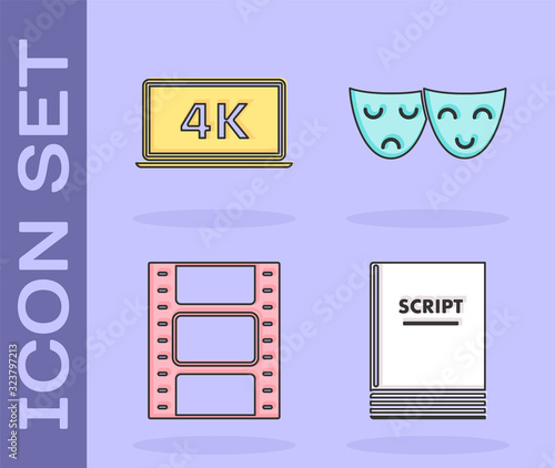 Set Scenario , Laptop screen with 4k video technology , Play Video and Comedy and tragedy theatrical masks icon. Vector