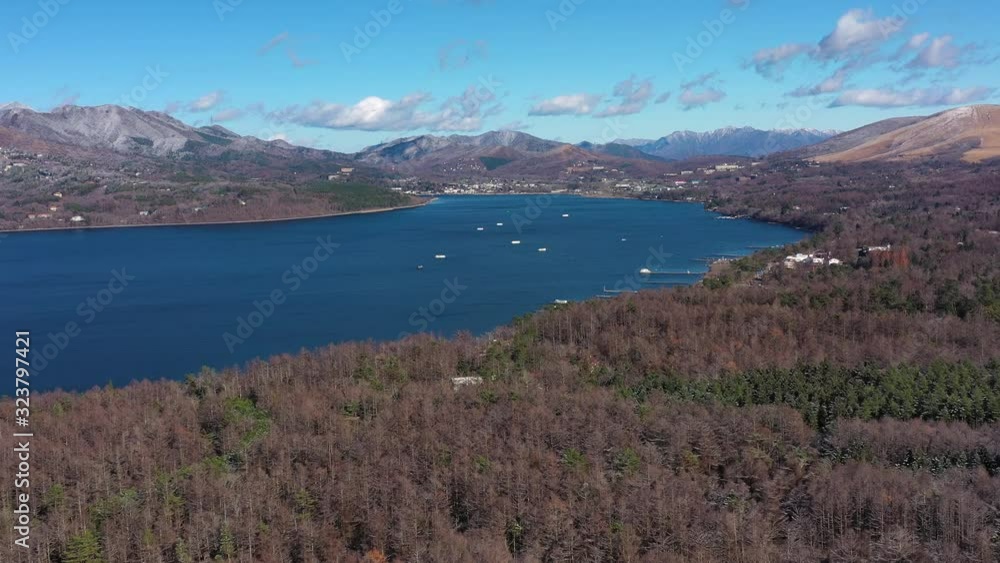 Aerial view of lake Yamanaka near Mount Fuji in late Autumn - landscape panorama of Japan from above, Asia Aerial view of lake Yamanaka near Mount Fuji in late Autumn - landscape panorama of Japan from above, Asia