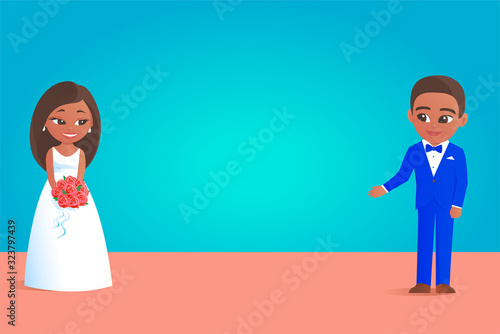 Young cartoon newlyweds on their wedding day. The bride in a white dress with a bouquet of red roses, the groom in a blue tuxedo. Vector illustration.