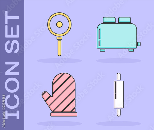 Set Rolling pin , Frying pan , Oven glove and Toaster with toasts icon. Vector