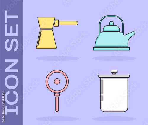 Set Cooking pot , Coffee turk , Frying pan and Kettle with handle icon. Vector