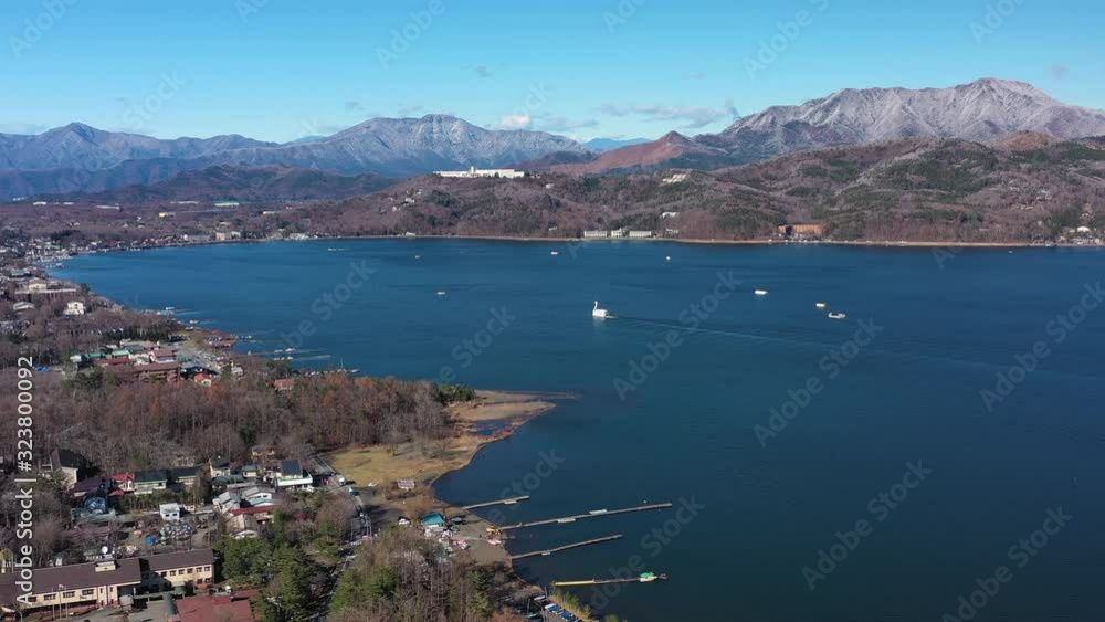 Aerial view of lake Yamanaka near Mount Fuji in late Autumn - landscape panorama of Japan from above, Asia Aerial view of lake Yamanaka near Mount Fuji in late Autumn - landscape panorama of Japan from above, Asia