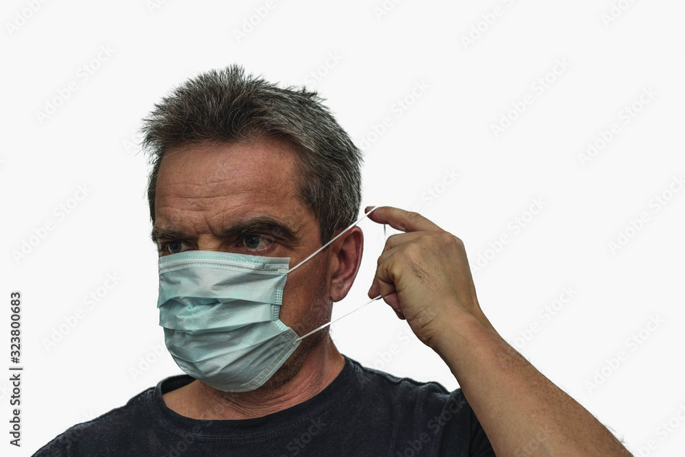 Close up view of man in white face mask. Influenza virus concept. Close up view of man in white face mask. Influenza virus concept.