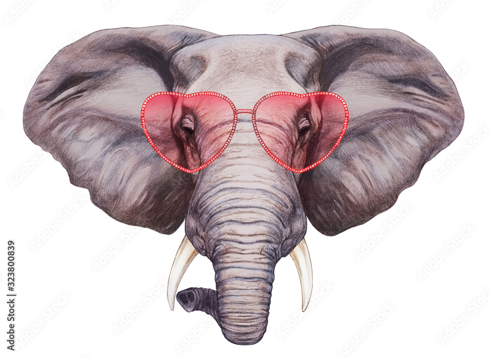 Elephant in Love! Portrait of Elephant with heart shaped sunglasses. Hand drawn illustration. Elephant in Love! Portrait of Elephant with heart shaped sunglasses. Hand drawn illustration.