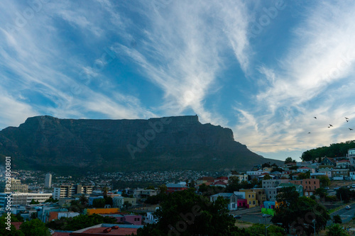 View to Table Mountain in a cloudy day from Bo-Kaap or Malay Quarter district. Wallpaper concept . Horizontal photo.