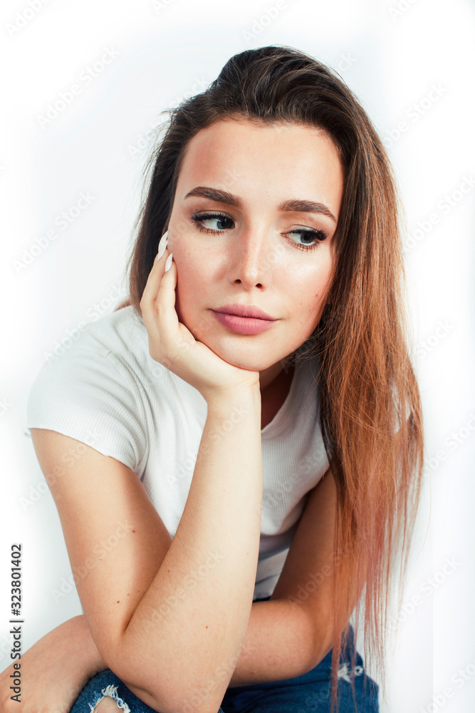 young pretty teenage hipster girl posing emotional happy smiling on white background, lifestyle people concept young pretty teenage hipster girl posing emotional happy smiling on white background, lifestyle people concept
