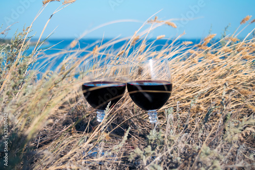 Two glasses of red wine in dry grass at Dnipro river bay background, the clay mountains of Stanislav photo