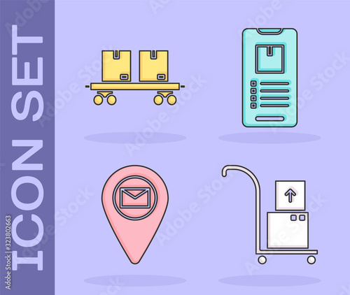 Set Hand truck and boxes , Railway carriage , Placeholder on map paper and Mobile phone with app delivery tracking icon. Vector