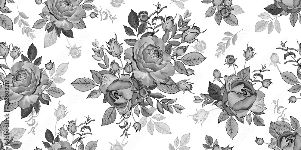 Monochrome seamless floral pattern with flowers rose, buds and leaves ...