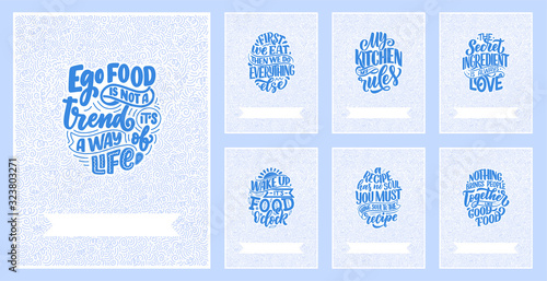 Set with vector quotes in hand drawn unique typography style, elements for greeting cards, decoration, prints and posters. Handwritten lettering about food and cooking.