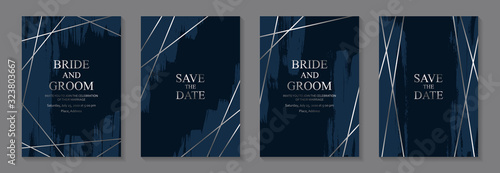 Set of modern grunge luxury wedding invitation design or card templates for business or poster or greeting with silver lines and blue paint brush strokes on a navy background.