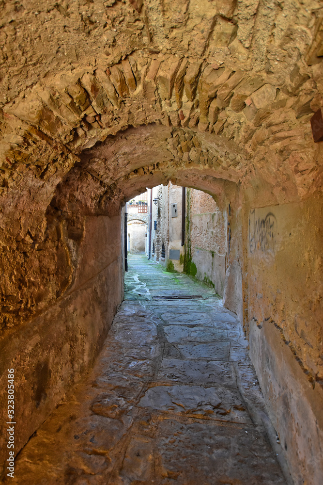 A narrow street between the old houses of a medieval village