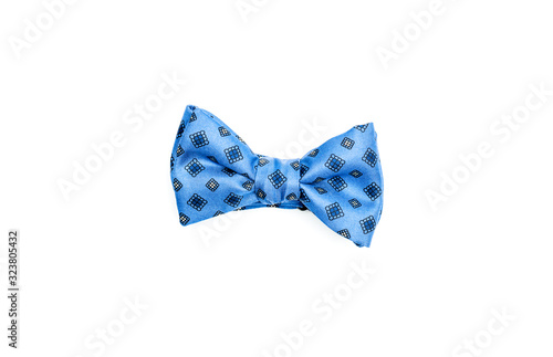 handmade blue bow-tie with colorful patterns