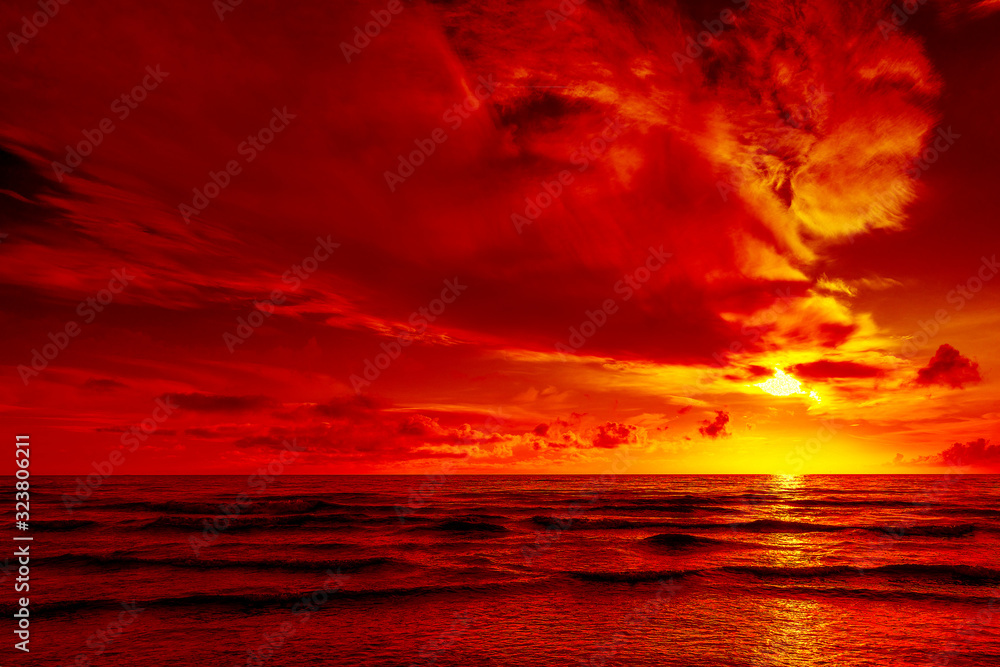 Bright red sunset over the sea. All in red.
