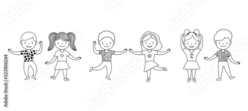 Group of cute cartoon children girls and boys dancing mini disco music party. Happy childhood. Black and white graphic line art vector illustration