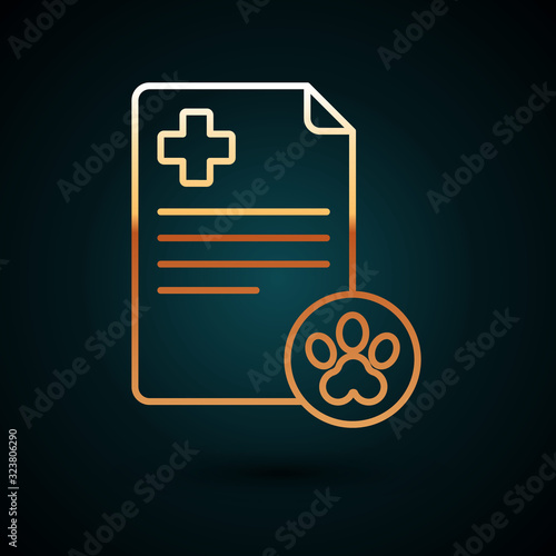 Gold line Clipboard with medical clinical record pet icon isolated on dark blue background. Health insurance form. Medical check marks report. Vector Illustration