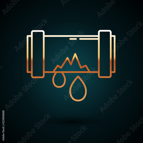 Gold line Broken metal pipe with leaking water icon isolated on dark blue background. Vector Illustration