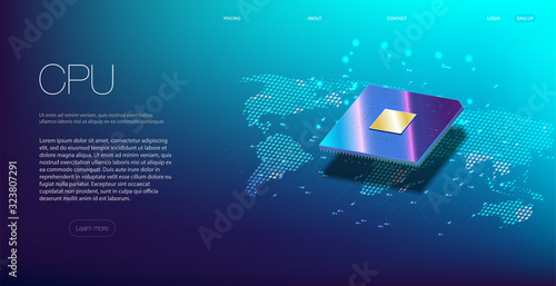 3D closeup of cpu for web design. Integrated communication processor.  Processors CPU concept. Digital chip. A futuristic projection of the microchip of the future. 3D closeup of cpu for web design.