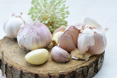 Allium sativum: Fresh, whole and sliced garlic