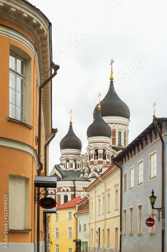 Domes of Alexander Nevsky Cathedral in Tallinn is built in a typical Russian Revival on Toompea hill. The largest orthodox cupola cathedral seen from the intersection of Kohtu, Kiriku plats, Piiskopi.
