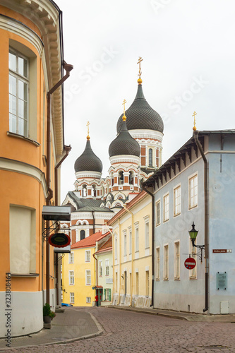 Domes of Alexander Nevsky Cathedral in Tallinn is built in a typical Russian Revival on Toompea hill. The largest orthodox cupola cathedral seen from the intersection of Kohtu, Kiriku plats, Piiskopi. photo