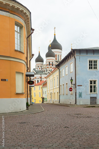 Domes of Alexander Nevsky Cathedral in Tallinn is built in a typical Russian Revival on Toompea hill. The largest orthodox cupola cathedral seen from the intersection of Kohtu, Kiriku plats, Piiskopi. photo