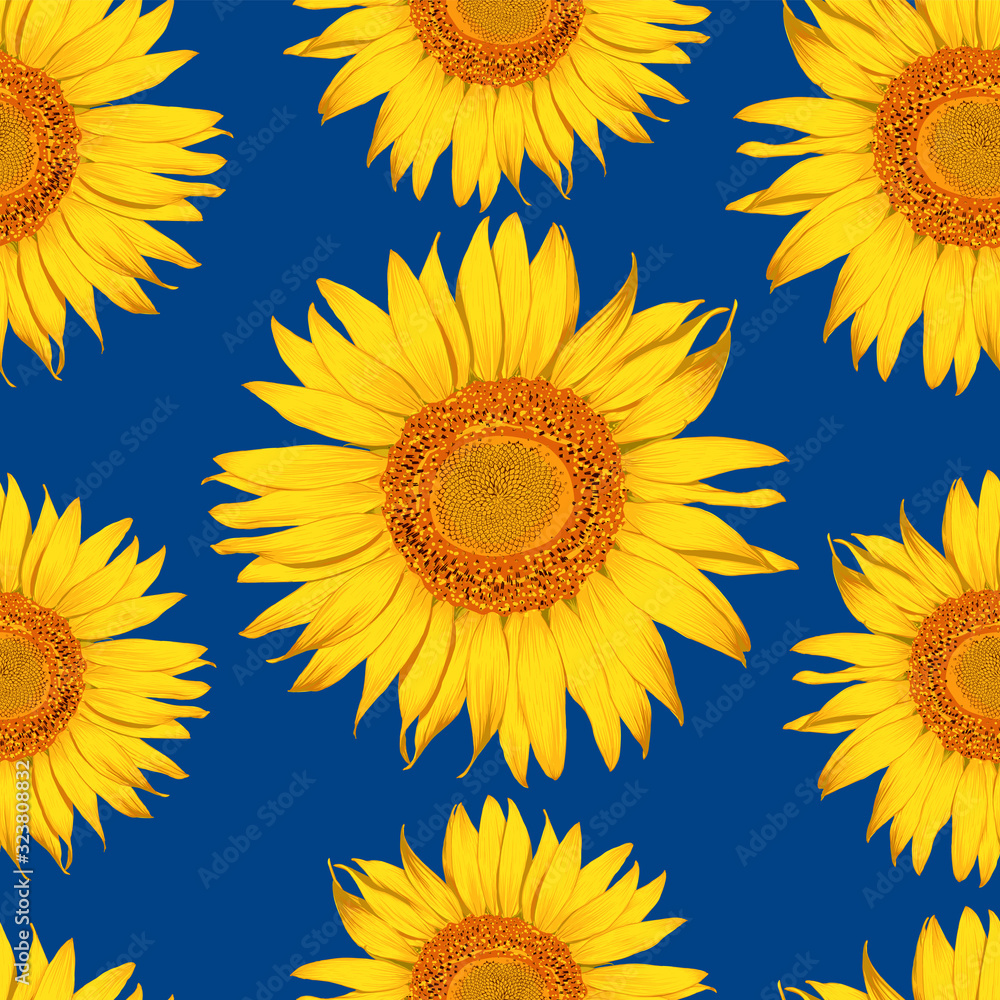 Seamless pattern botanical Sunflower flowers abstract classic blue
