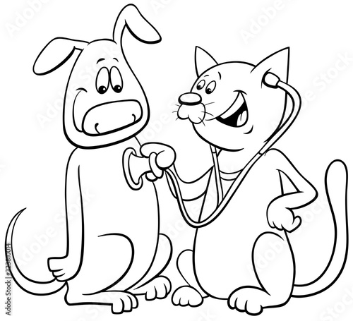 cat examining dog with a stethoscope color book page