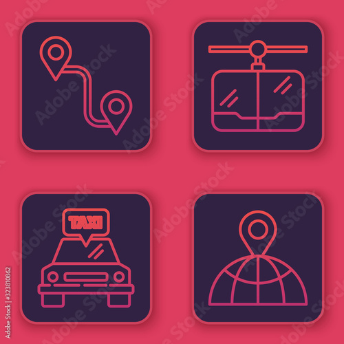 Set line Route location, Taxi car, Cable car and Location on the globe. Blue square button. Vector