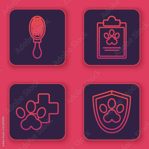 Set line Hair brush for dog and cat, Veterinary clinic symbol, Clipboard with medical clinical record pet and Animal health insurance. Blue square button. Vector