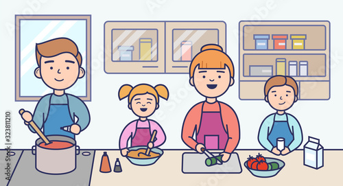 Family Cooking Concept. Happy Family Cooking Food In The Kitchen Together. People Are Communicating And Having A good Time. Kitchen Design Interior. Cartoon Flat Outline Linear Vector Illustration