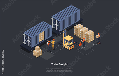 Isometric Concept Of Warehouse And Train Freight. Freight Wagons on Rails And Work Personnel. Manager With Tablet Is Monitoring The Process of Loading and Unloading Cargo. Vector illustration