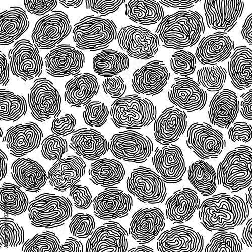 Seamless pattern with fingerprints pattern. Black contour on a white background, biometry. For the design of plastic cards, banners and other decor. Vector illustration.