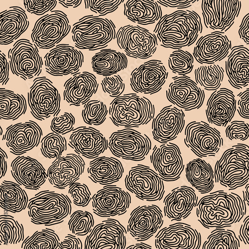  Seamless pattern with fingerprints pattern. Black contour on a beige background, biometrics. For the design of plastic cards, banners and other decor. Vector illustration.
