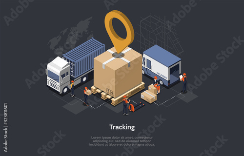 Isometric Warehouse Concept, Gps Tracking Of Packages. Employees Scanning, Loading Goods. Gps Position on a cardboard package. The Possibility Of Gps Monitoring Of Shipments. Vector illustration