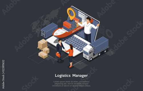 Isometric Logistics Manager And Warehouse Concept. Maritime And Overland Transport Logistics. Big Ship, Truck, Cargo, Manager On The Monitor And Happy Customers Shaking Hands. Vector Illustration