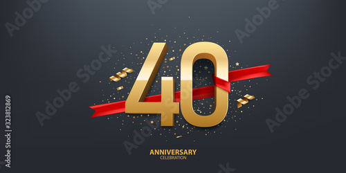 40th Year anniversary celebration background. 3D Golden number wrapped with red ribbon and confetti on black background.