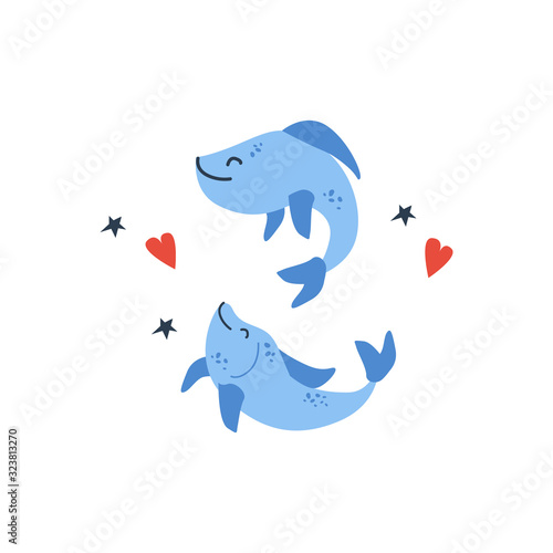 Vector handdrawn cute illustration of two merry fishes playing on the white background with hearts and stars. Concept for kids design, cute cartoon character for children poster. Funny sea creature
